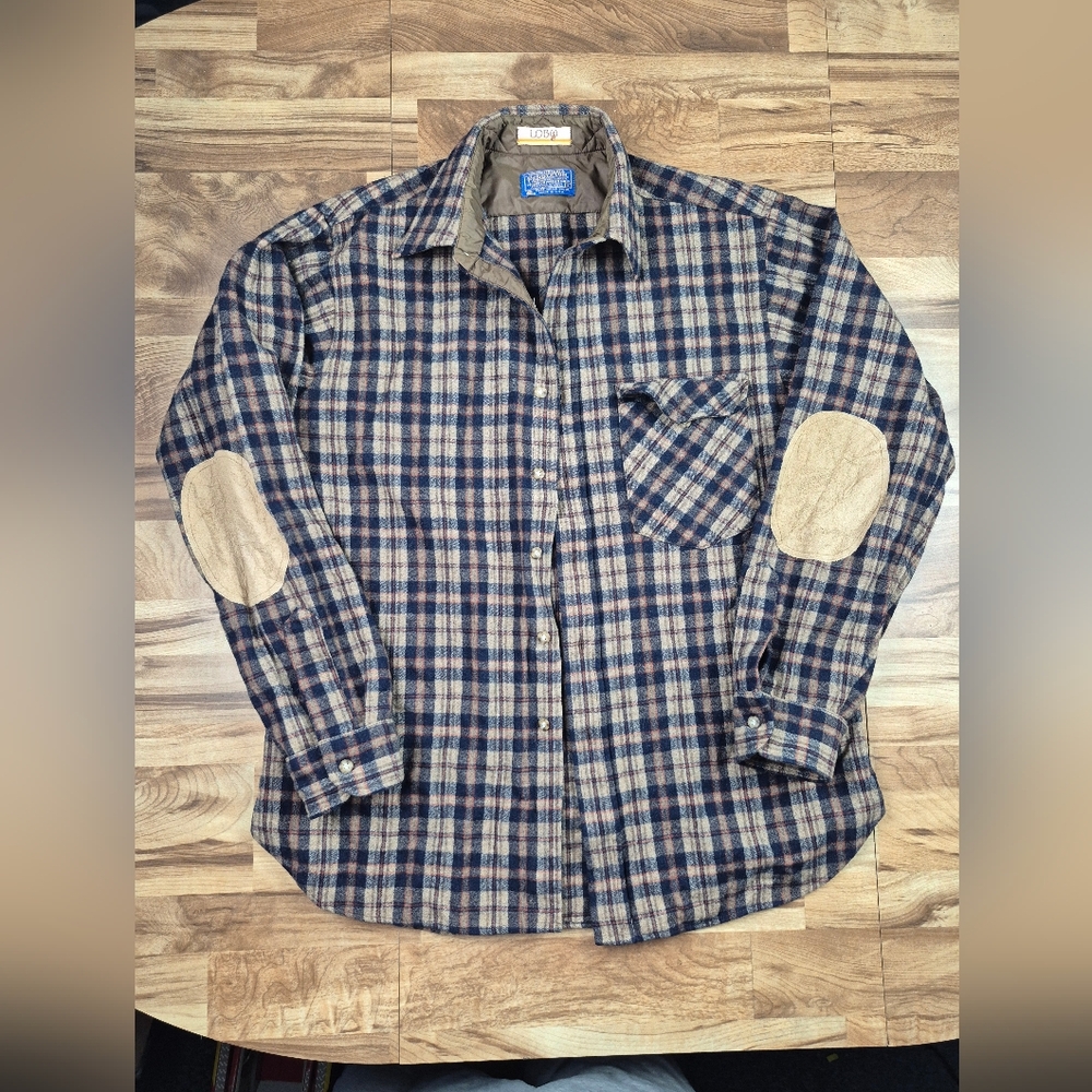 Mens Vintage Pendleton Lobo Virgin Wool Tan Plaid Button Up Men's Shirt Sz L